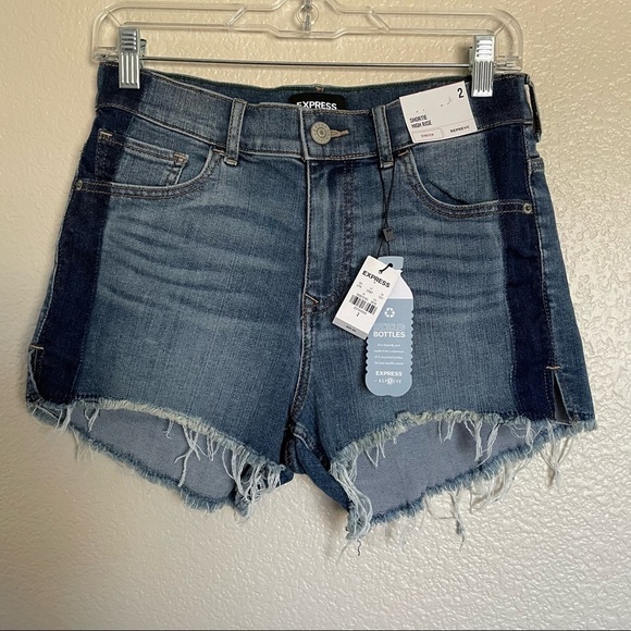 NWT EXPRESS High Waisted Side Stripe Raw Hem Midi Jean Shorts - Picture 5 of 13